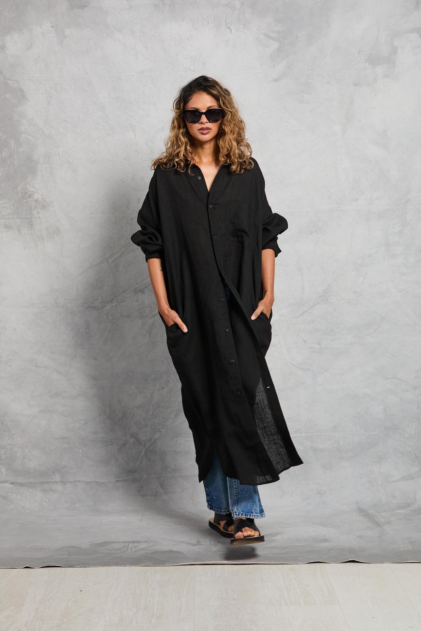 Florence Shirt Dress in Linen - Black