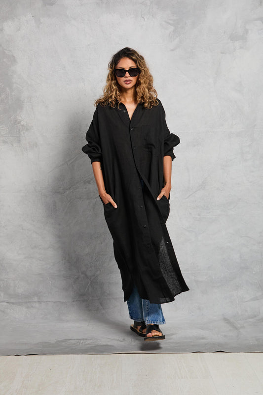 Florence Shirt Dress in Linen - Black