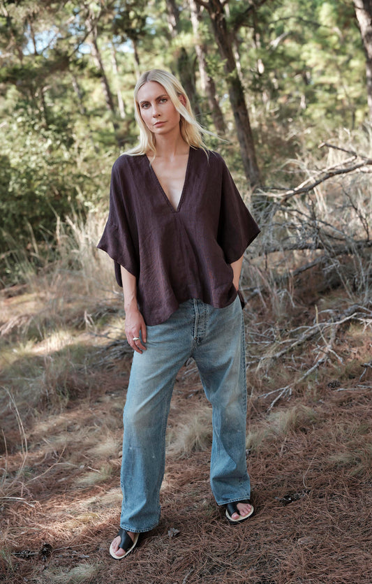Linen Throw-on Top - Raisin