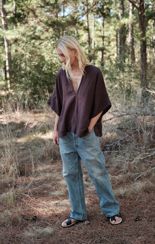 Linen Throw-on Top - Raisin