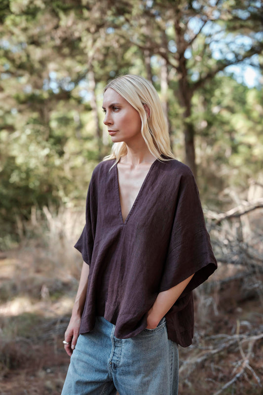 Linen Throw-on Top - Raisin