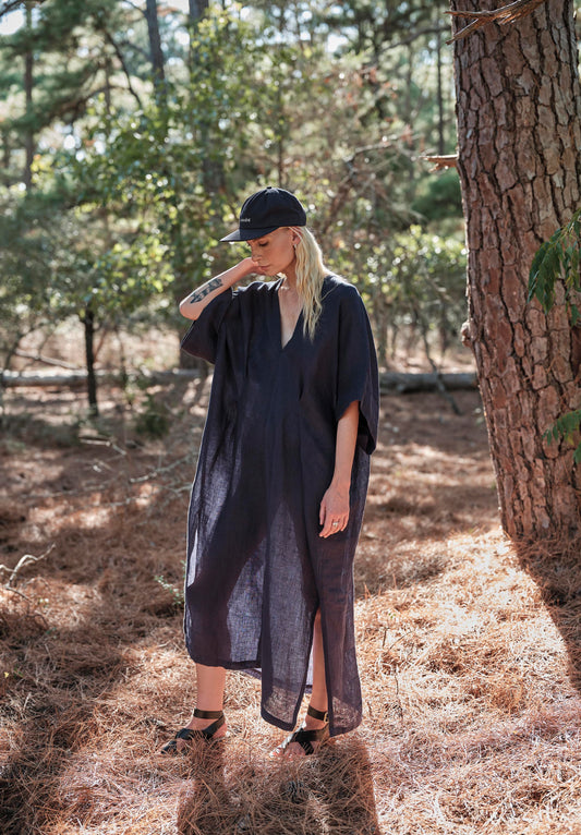 Throw on Dress in Linen - Navy