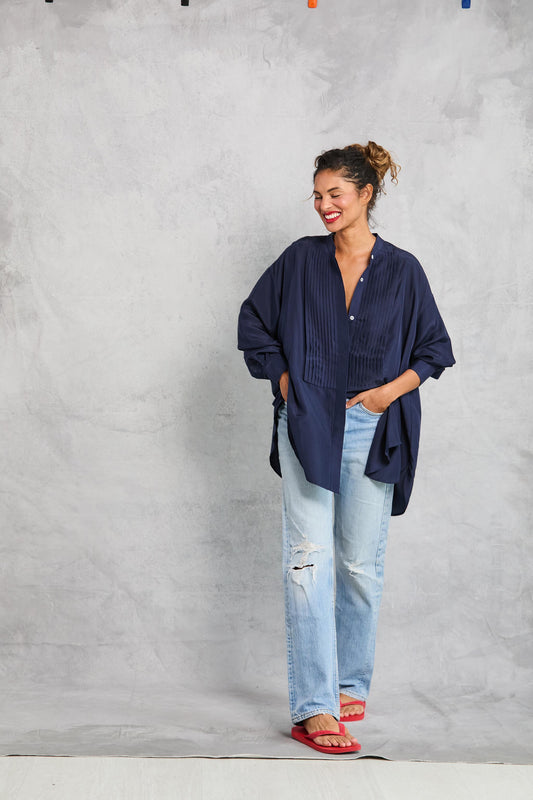 Tuxedo Shirt in Silk - Navy