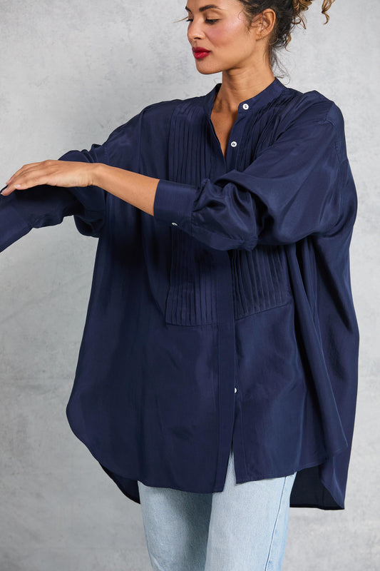 Tuxedo Shirt in Silk - Navy