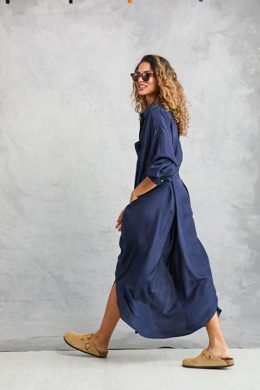 Florence Shirt Dress in Silk - Navy