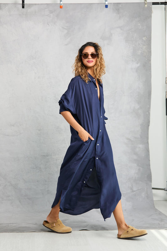Florence Shirt Dress in Silk - Navy