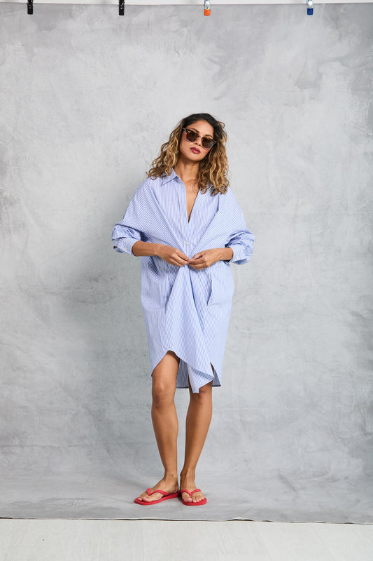 Phoebe Mini Shirt Dress in Sky Stripe