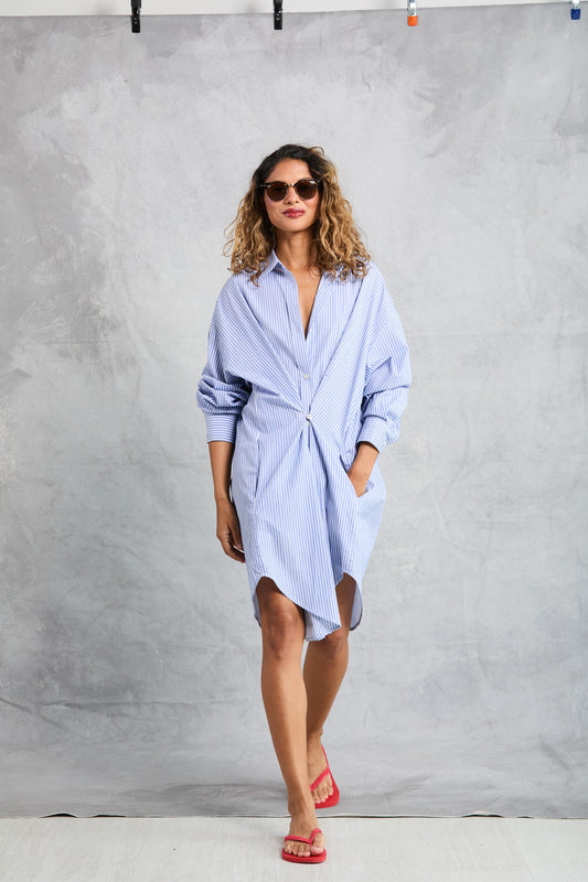 Phoebe Mini Shirt Dress in Sky Stripe