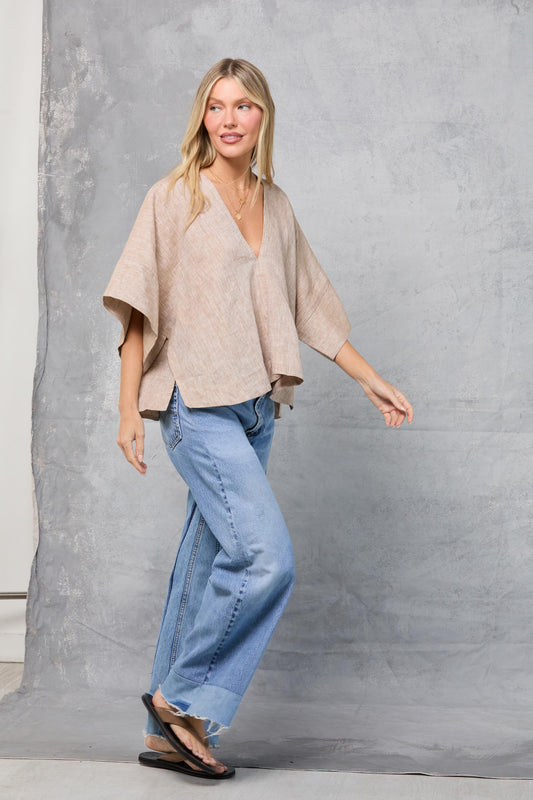 Throw-on Top in Linen - Khaki