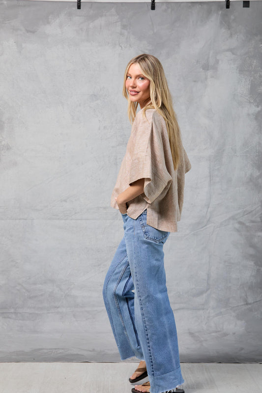 Throw-on Top in Linen - Khaki