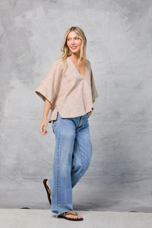 Throw-on Top in Linen - Khaki