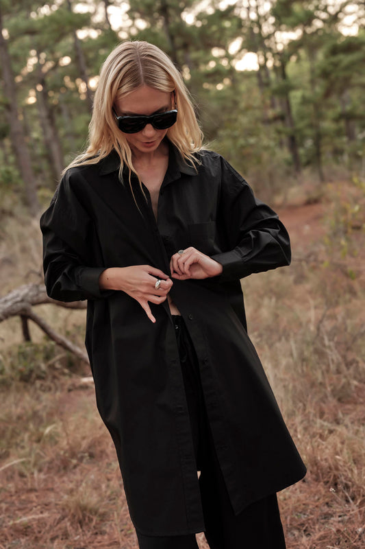 Phoebe Mini Shirt Dress in Poplin - Black