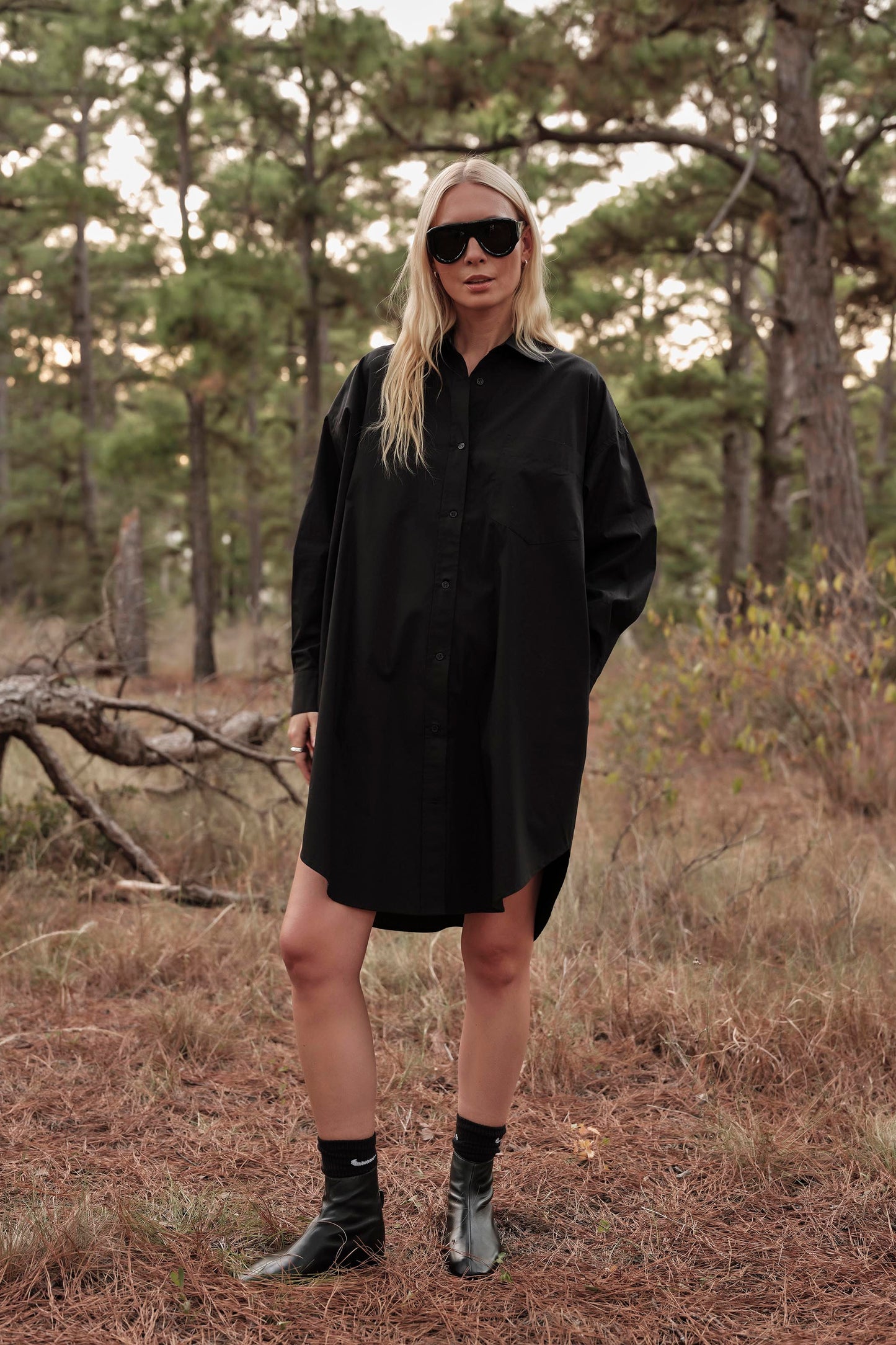 Phoebe Mini Shirt Dress in Poplin - Black