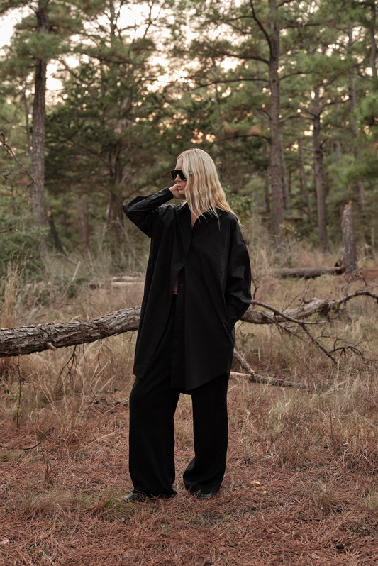 Phoebe Mini Shirt Dress in Poplin - Black