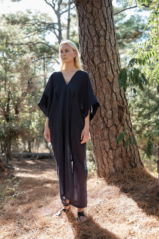 Throw on Dress in Linen - Navy