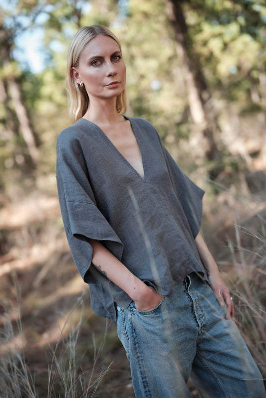 Linen Throw-on Top - Agave