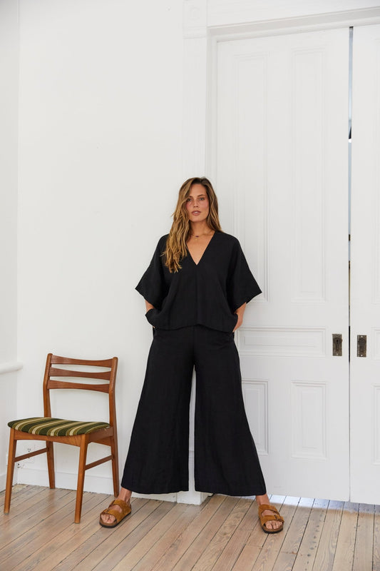 Linen Throw-on Top - Black - MAMÈNE