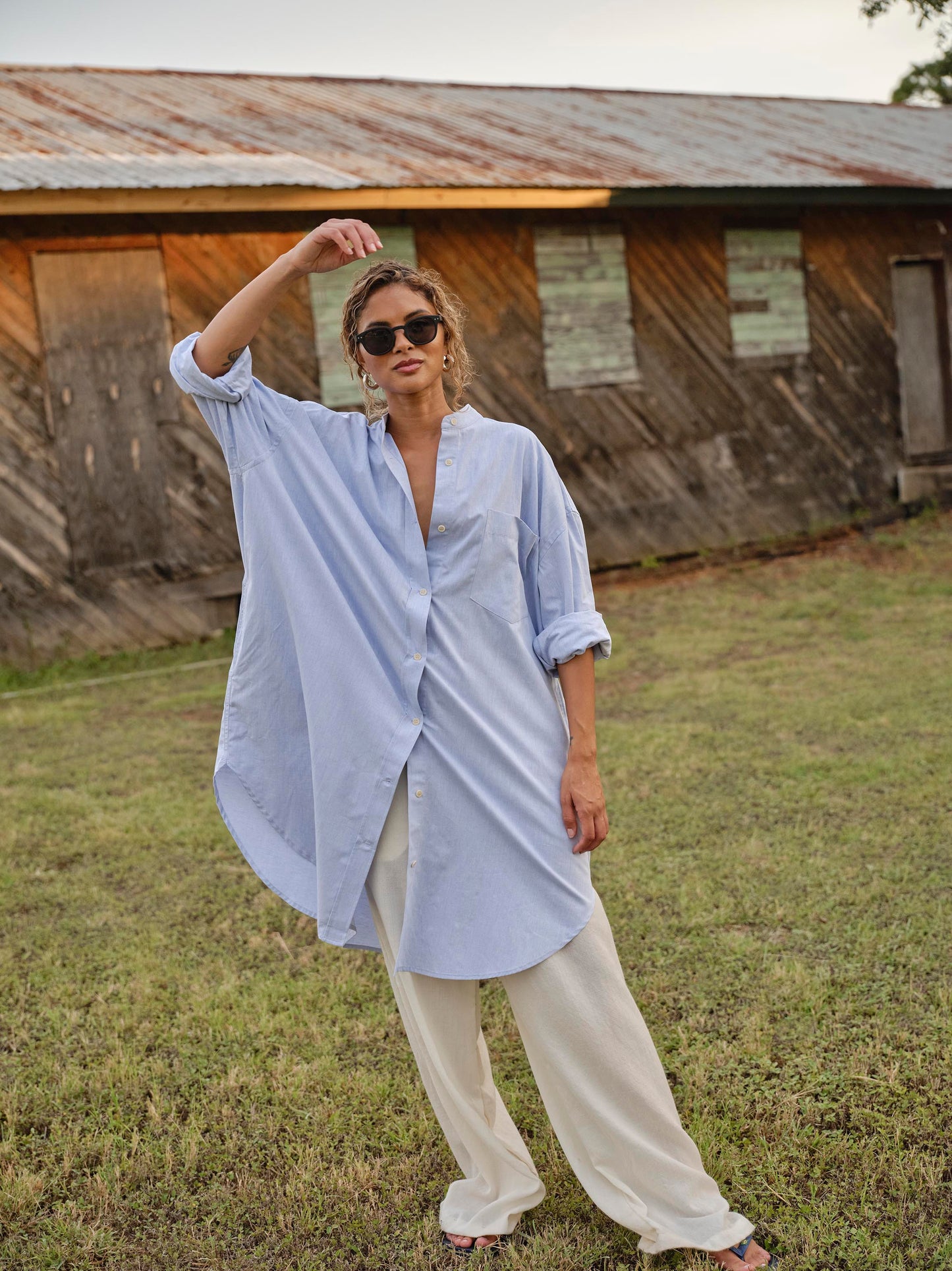 SAMPLE Phoebe Mini Dress in Blue Oxford