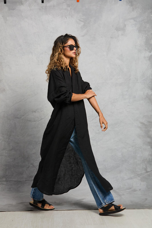 Florence Shirt Dress in Linen - Black