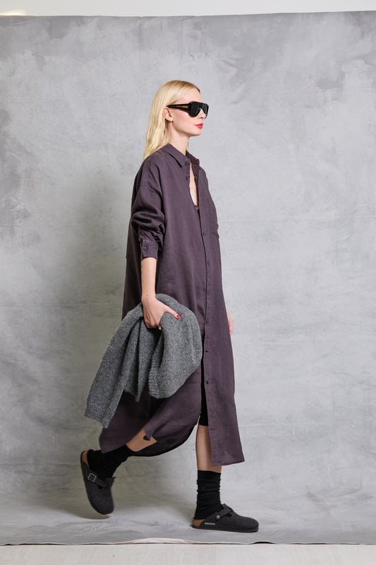 Florence Shirt Dress in Linen - Raisin