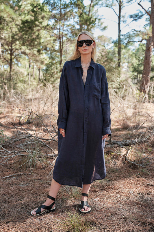 Florence Shirt Dress in Linen - Navy