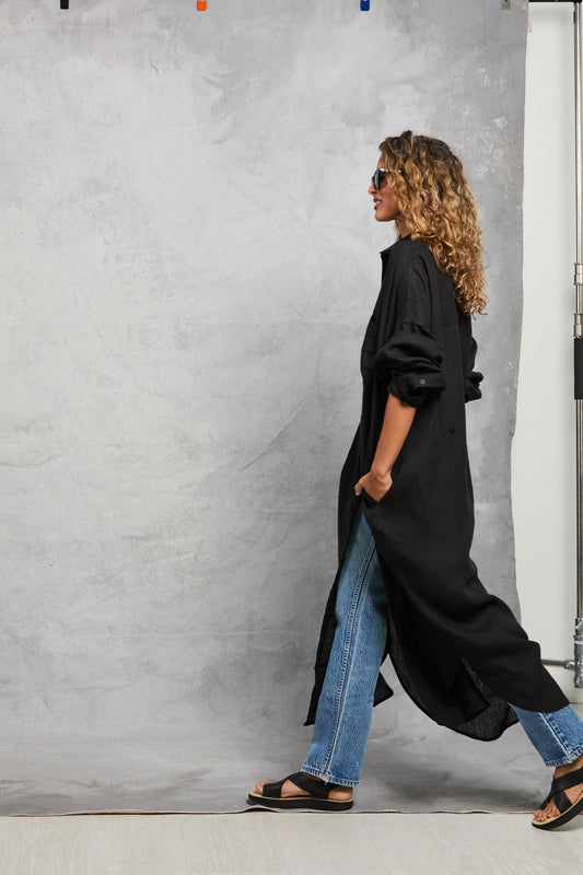 Florence Shirt Dress in Linen - Black