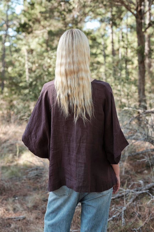 Linen Throw-on Top - Raisin