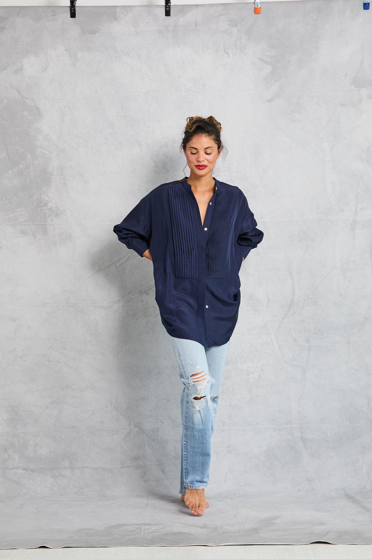 Tuxedo Shirt in Silk - Navy