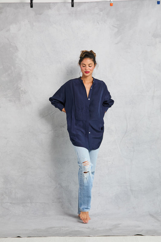 Tuxedo Shirt in Silk - Navy