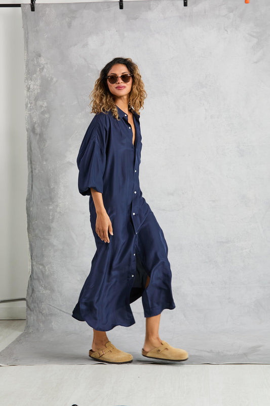 Florence Shirt Dress in Silk - Navy
