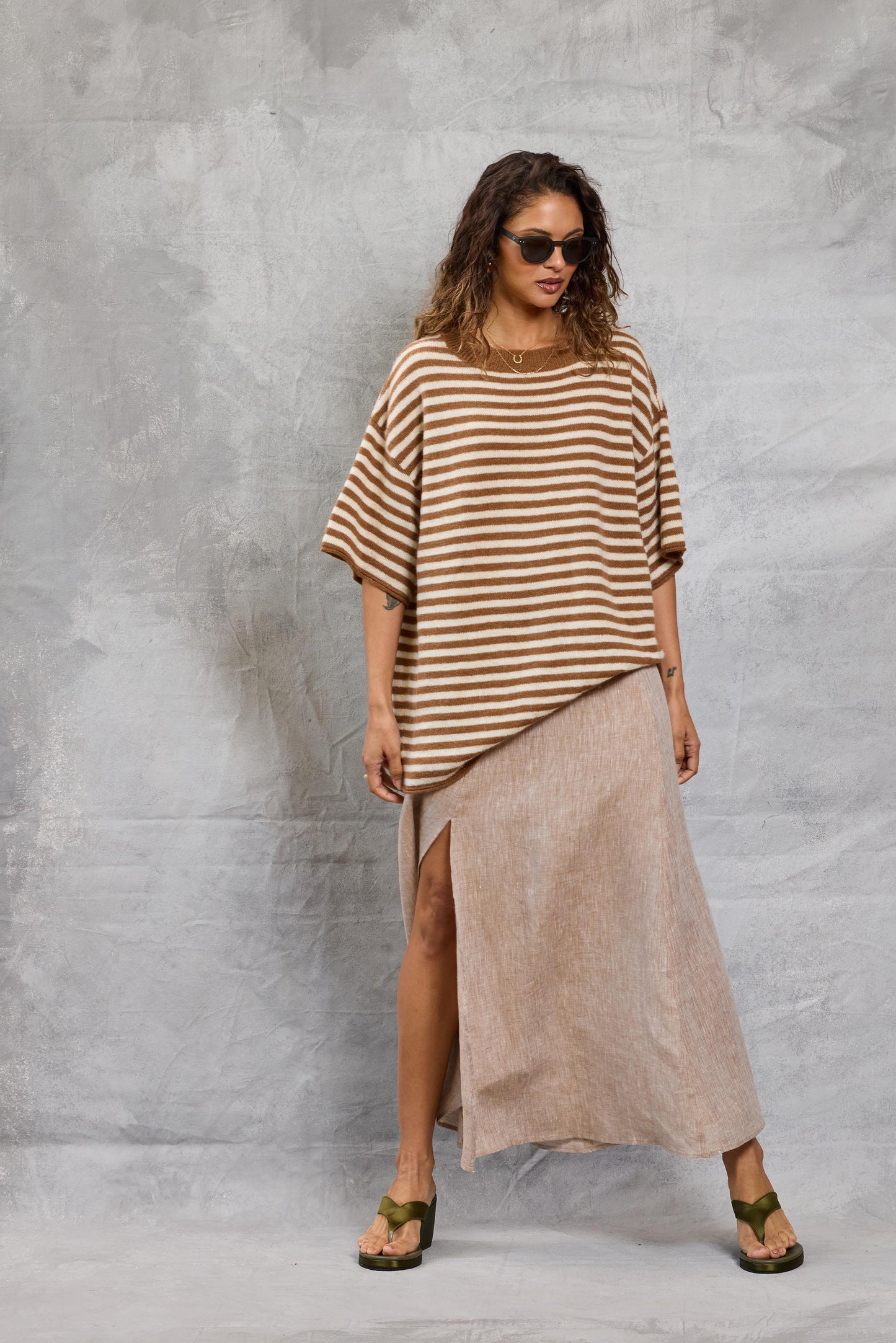 Boyfriend Knit Tee in Latte Stripe
