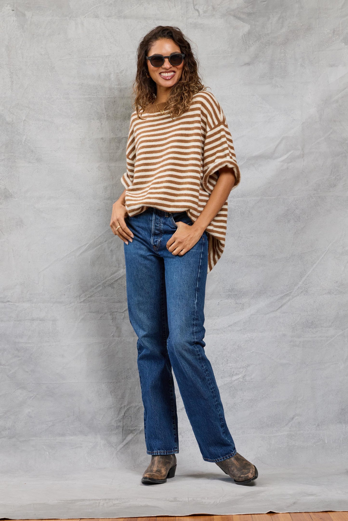 Boyfriend Knit Tee in Latte Stripe
