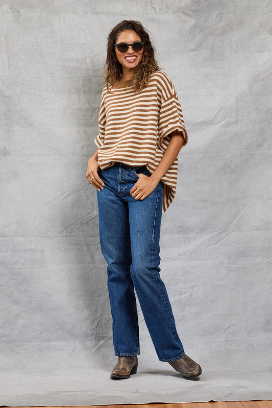 Boyfriend Knit Tee in Latte Stripe