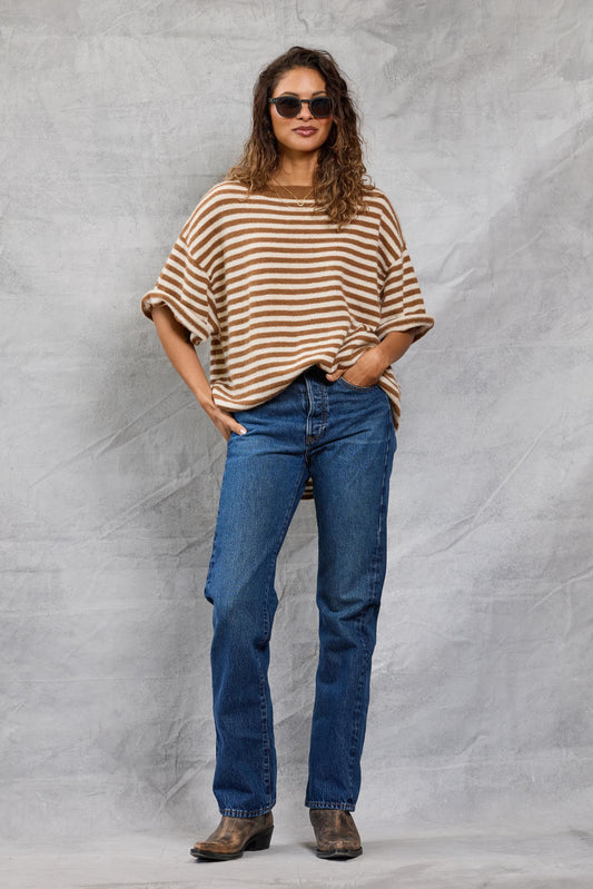 Boyfriend Knit Tee in Latte Stripe