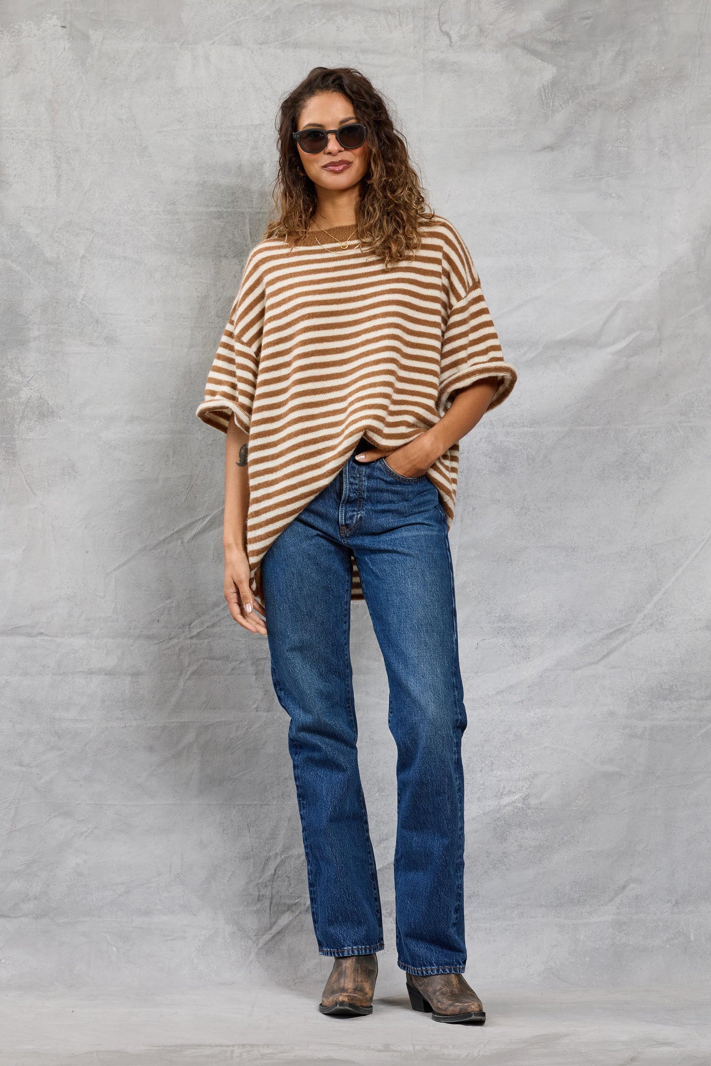 Boyfriend Knit Tee in Latte Stripe