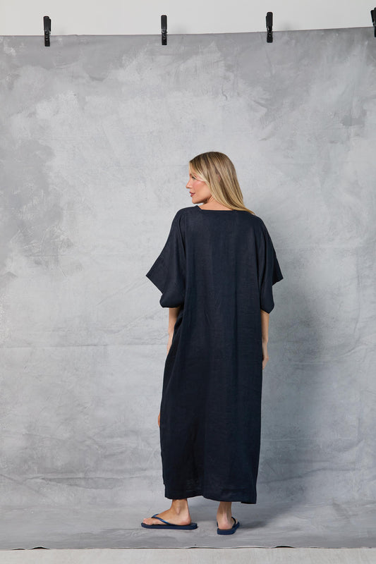 Throw on Dress in Linen - Navy
