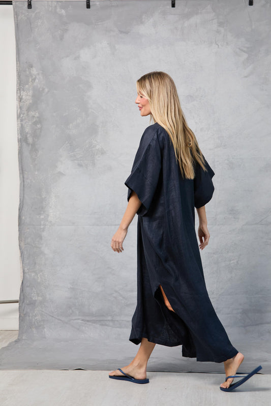 Throw on Dress in Linen - Navy