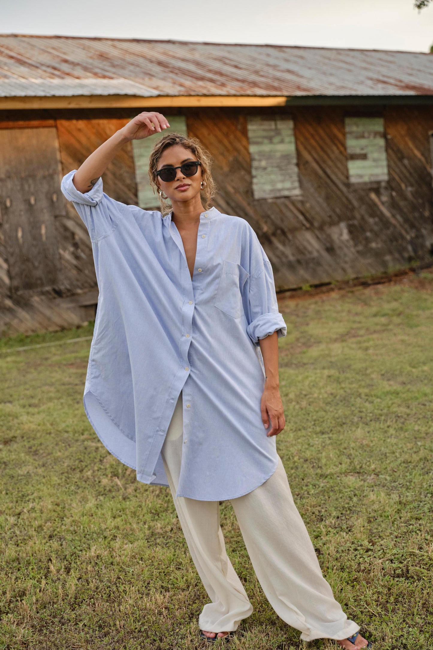 Phoebe Mini Shirt Dress in Chambray