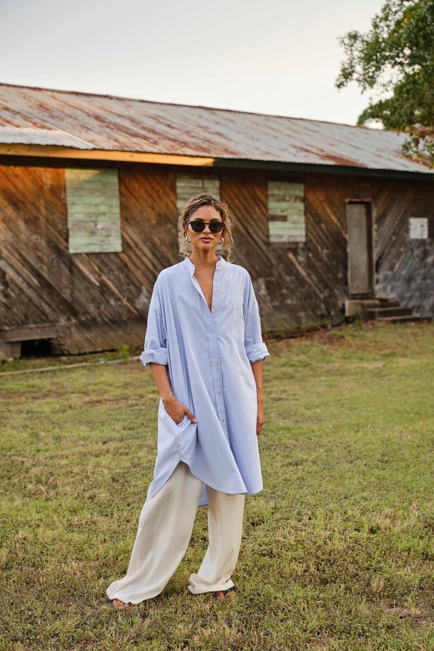 Phoebe Mini Shirt Dress in Chambray