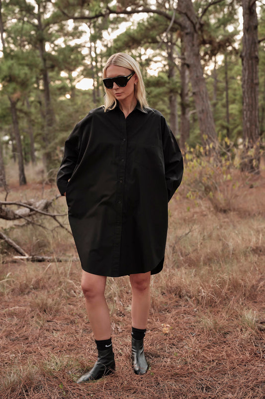 Phoebe Mini Shirt Dress in Poplin - Black