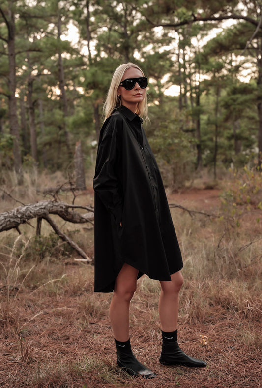 Phoebe Mini Shirt Dress in Poplin - Black