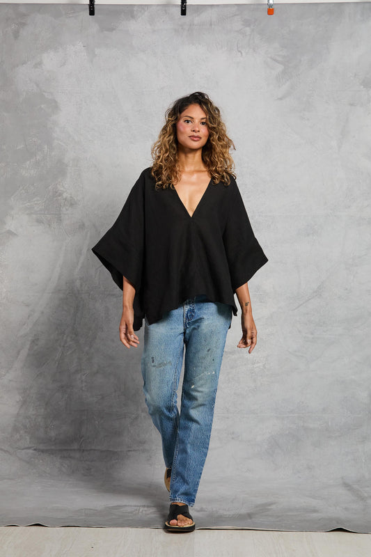 Linen Throw-on Top - Black