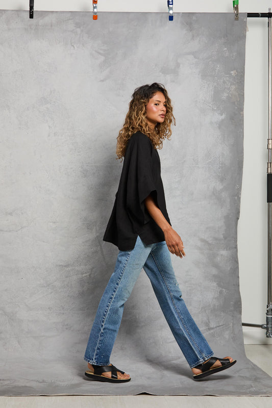 Linen Throw-on Top - Black