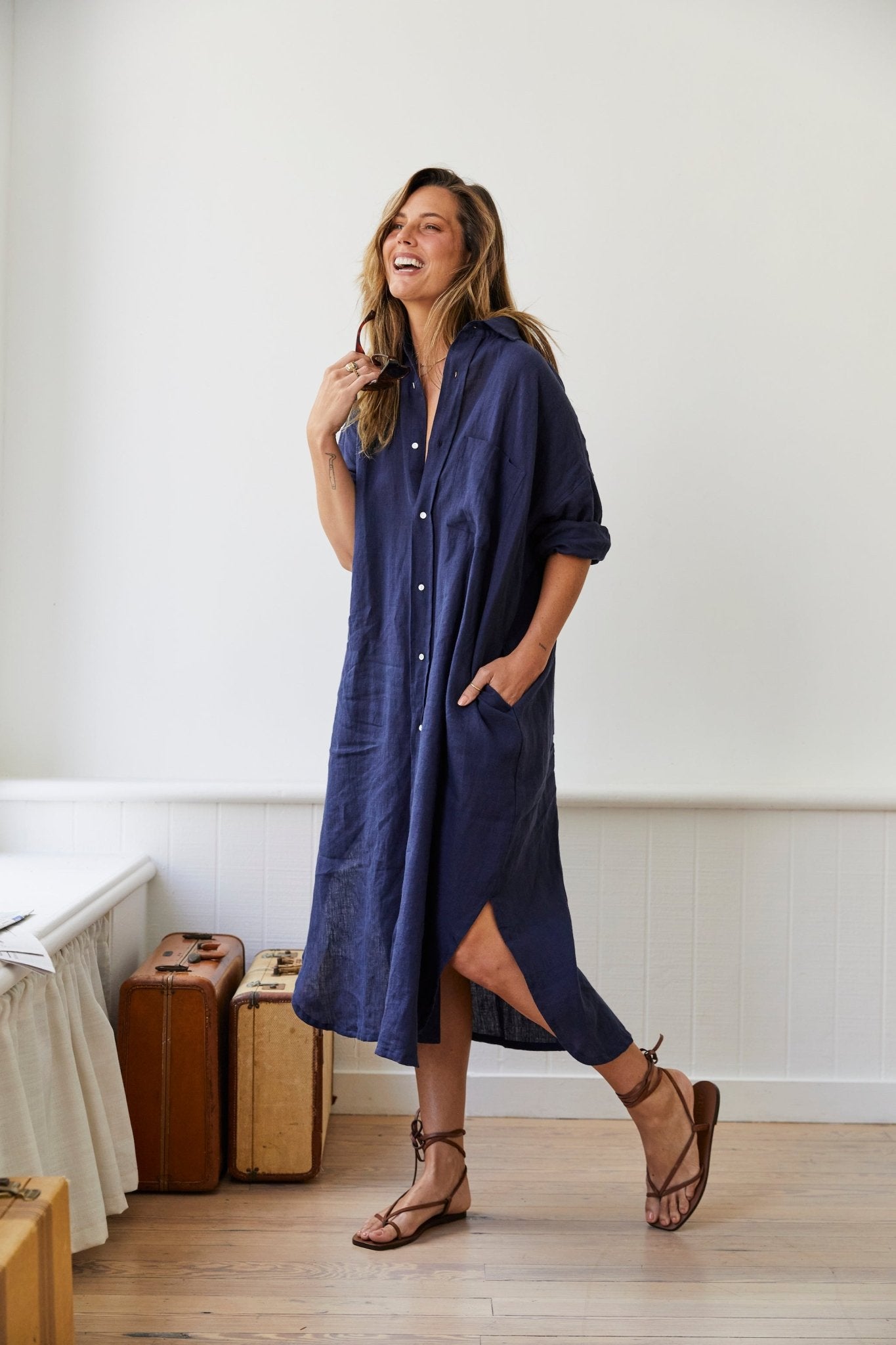 Linen sales dress navy